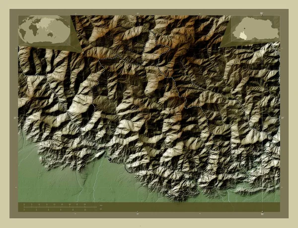 Chhukha Distrito Bután Mapa Elevación Coloreado Estilo Wiki Con Lagos —  Fotos de Stock