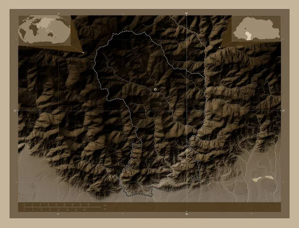 Дагана Район Бутана Карта Высоты Окрашенная Сепиевые Тона Озерами Реками — стоковое фото