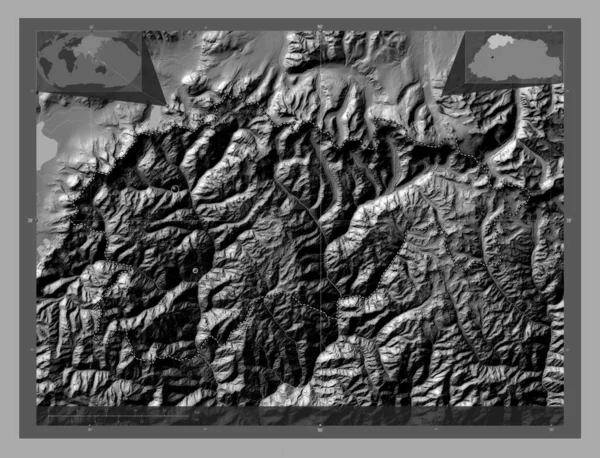 Gasa District Bhoutan Carte Altitude Bilevel Avec Lacs Rivières Emplacements — Photo