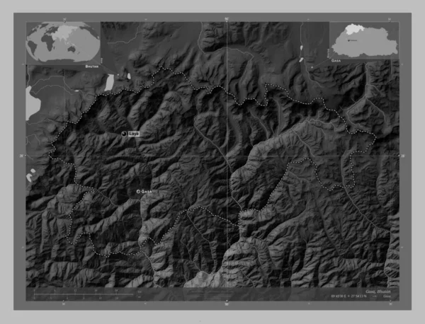 Gasa District Bhutan Grayscale Elevation Map Lakes Rivers Locations Names — Stock Photo, Image