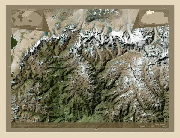 Gasa Distrito Bután Mapa Satelital Alta Resolución Ubicaciones Nombres Las —  Fotos de Stock