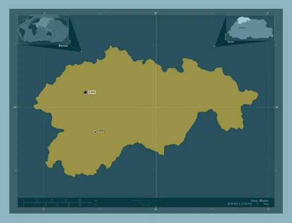 ブータンのガサ県 しっかりした色の形 地域の主要都市の位置と名前 コーナー補助位置図 — ストック写真