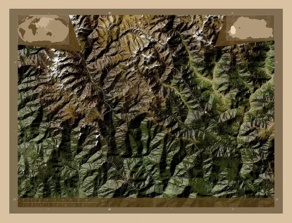 Haa 不丹区 低分辨率卫星地图 该区域主要城市的所在地点 角辅助位置图 — 图库照片