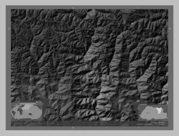 Lhuentse Distriktet Bhutan Grayscale Höjdkarta Med Sjöar Och Floder Platser — Stockfoto