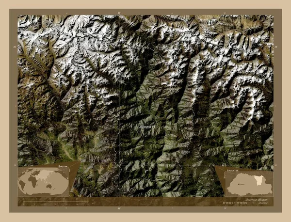 Lhuentse Distrito Bután Mapa Satelital Baja Resolución Ubicaciones Nombres Las —  Fotos de Stock