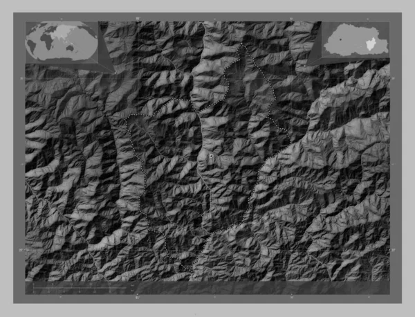 Monggar District Bhutan Grayscale Elevation Map Lakes Rivers Corner Auxiliary — Stock Photo, Image