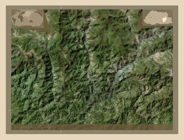 モンガー ブータンの地区 高解像度衛星地図 コーナー補助位置図 — ストック写真