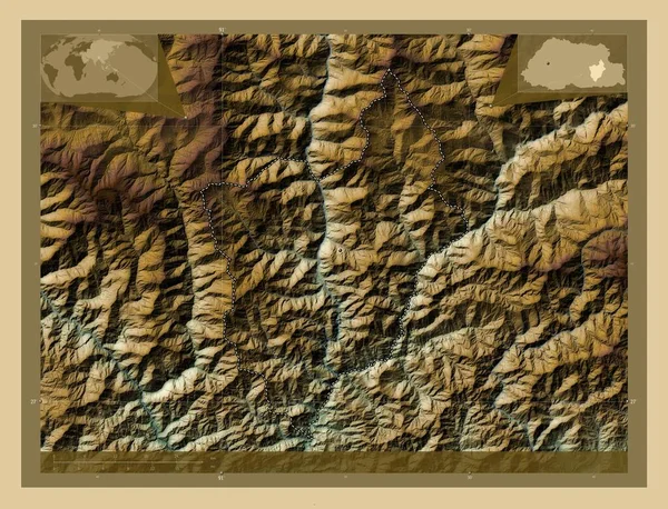 Monggar District Bhutan Colored Elevation Map Lakes Rivers Corner Auxiliary — Stock Photo, Image