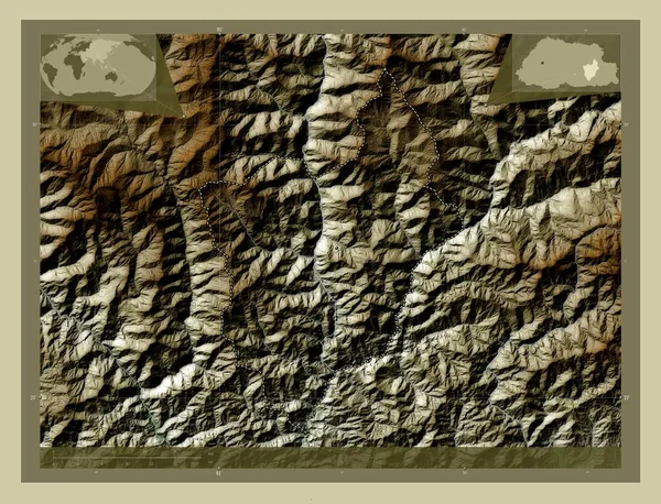 Monggar 不丹区 用Wiki风格绘制的带有湖泊和河流的高程地图 该区域主要城市的所在地点 角辅助位置图 — 图库照片