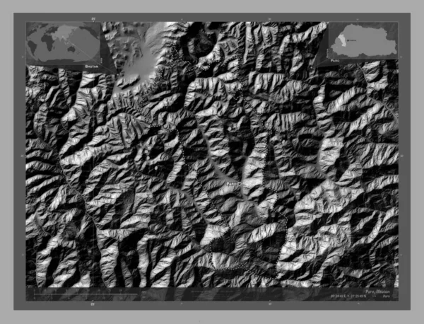 Paro District Bhoutan Carte Altitude Bilevel Avec Lacs Rivières Emplacements — Photo