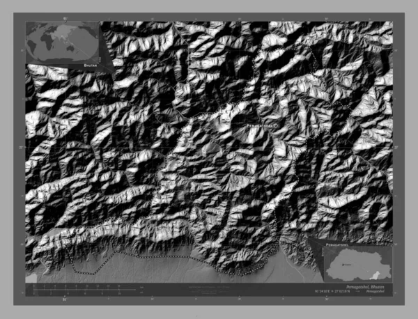 Pemagatshel District Bhoutan Carte Altitude Bilevel Avec Lacs Rivières Emplacements — Photo