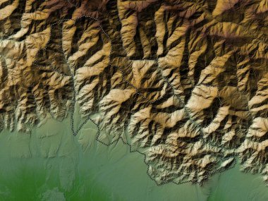 Samtse, Butan bölgesi. Gölleri ve nehirleri olan renkli yükseklik haritası