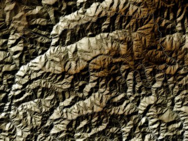 Trashigang, Butan bölgesi. Yükseklik haritası göller ve nehirlerle wiki stilinde renklendirilmiştir