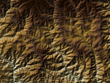 Trongsa, Butan bölgesi. Gölleri ve nehirleri olan renkli yükseklik haritası