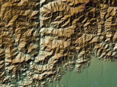 Tsirang, Butan bölgesi. Gölleri ve nehirleri olan renkli yükseklik haritası