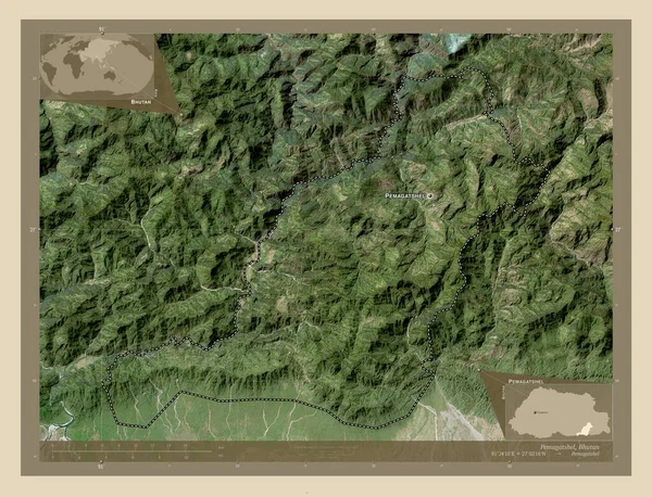 Pemagatshel Okres Bhútán Satelitní Mapa Vysokým Rozlišením Umístění Názvy Velkých — Stock fotografie