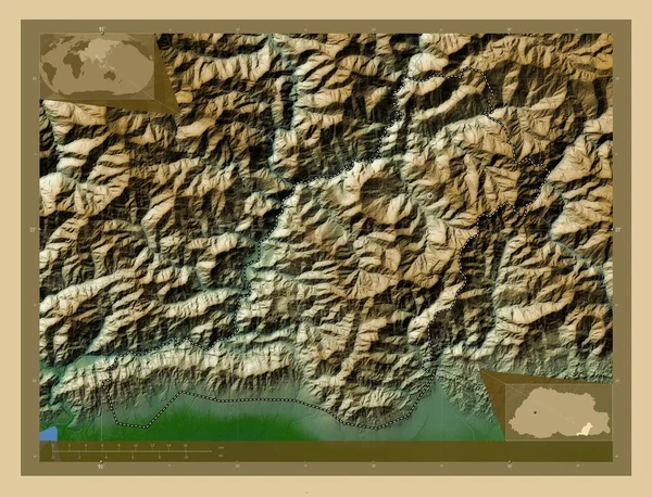 Pemagatshel Район Бутану Кольорові Карти Висот Озерами Річками Розташування Великих — стокове фото