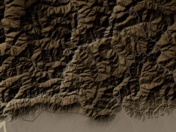 Pemagatshel Район Бутана Карта Высот Окрашенная Сепиевые Тона Озерами Реками — стоковое фото