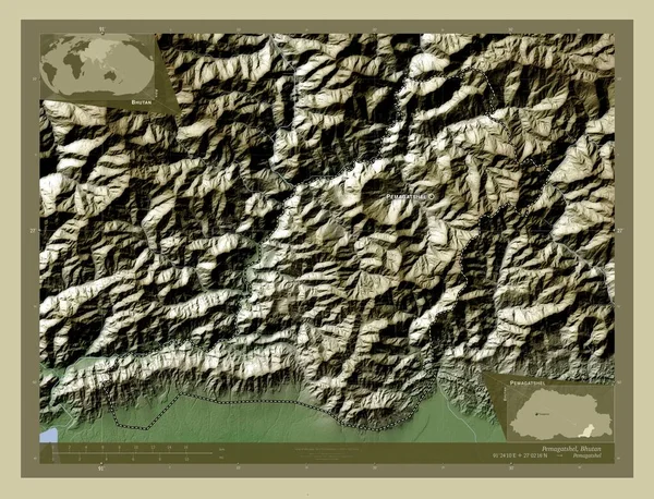 Pemagatshel Okres Bhútán Zdvihová Mapa Zbarvená Stylu Wiki Jezery Řekami — Stock fotografie