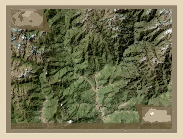 不丹区Punakha 高分辨率卫星地图 该区域主要城市的所在地点 角辅助位置图 — 图库照片
