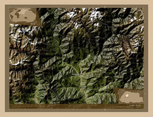 Punakha Distrito Bután Mapa Satelital Baja Resolución Ubicaciones Nombres Las —  Fotos de Stock