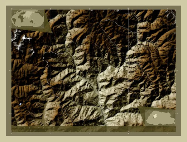 不丹区Punakha 用Wiki风格绘制的带有湖泊和河流的高程地图 该区域主要城市的所在地点 角辅助位置图 — 图库照片