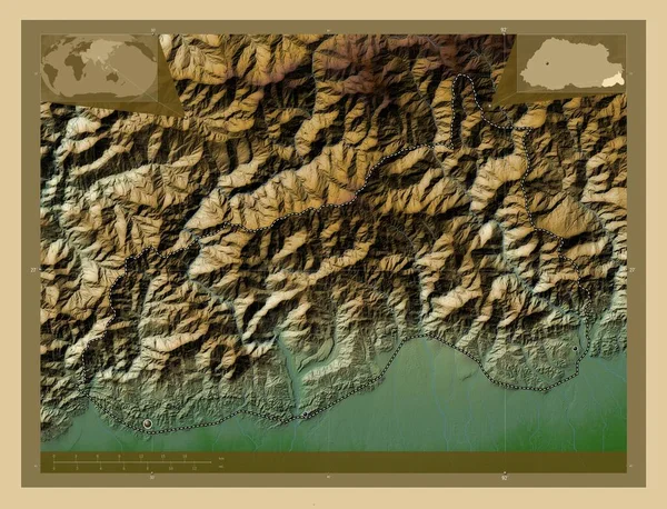 Samdrupjongkhar Dzielnica Bhutanu Kolorowa Mapa Wzniesień Jeziorami Rzekami Lokalizacje Dużych — Zdjęcie stockowe