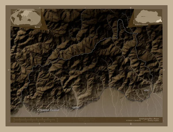 Samdrupjongkhar Distretto Del Bhutan Mappa Elevazione Colorata Toni Seppia Con — Foto Stock