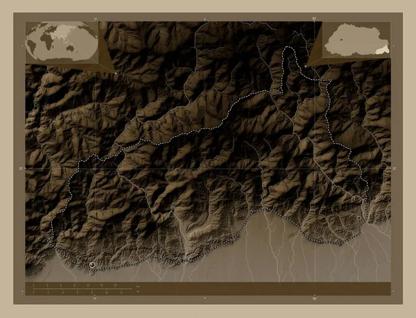 Samdrupjongkhar Okres Bhútán Zdvihová Mapa Zbarvená Sépiovými Tóny Jezery Řekami — Stock fotografie