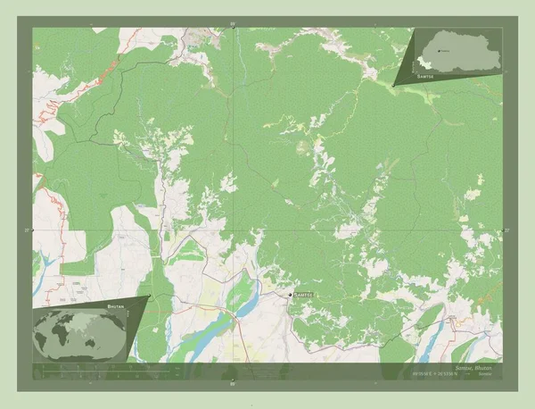 サムツェ ブータンの地区 ストリートマップを開く 地域の主要都市の位置と名前 コーナー補助位置図 — ストック写真
