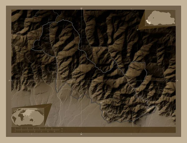 Samtse Distrito Bután Mapa Elevación Coloreado Tonos Sepia Con Lagos —  Fotos de Stock