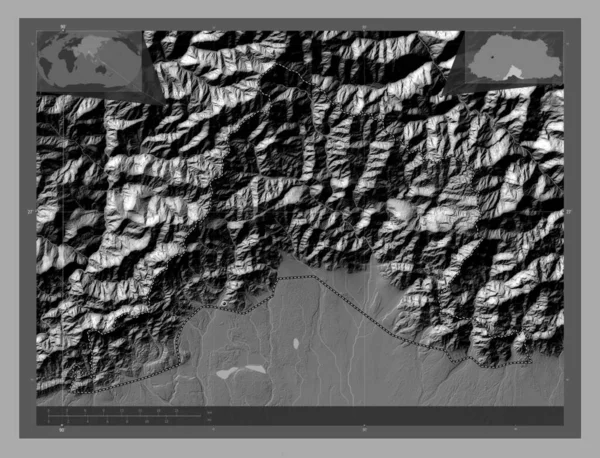 Sarpang District Bhutan Bilevel Elevation Map Lakes Rivers Corner Auxiliary — Stock Photo, Image