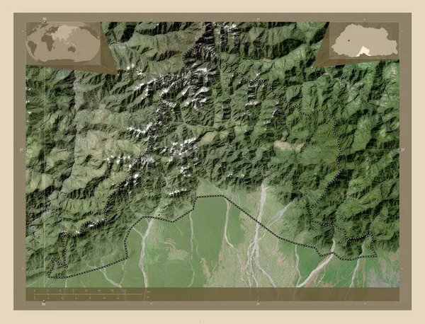 Sarpang 不丹区 高分辨率卫星地图 该区域主要城市的所在地点 角辅助位置图 — 图库照片