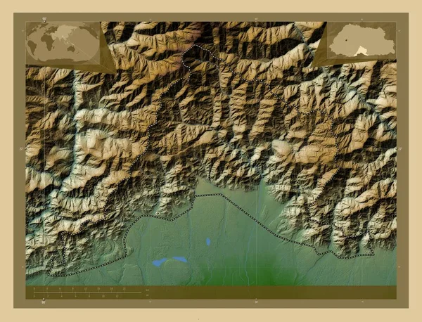 Sarpang Dzielnica Bhutanu Kolorowa Mapa Wzniesień Jeziorami Rzekami Lokalizacje Dużych — Zdjęcie stockowe