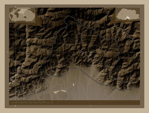 Sarpang Περιφέρεια Μπουτάν Υψόμετρο Χάρτη Χρωματισμένο Τόνους Σέπια Λίμνες Και — Φωτογραφία Αρχείου