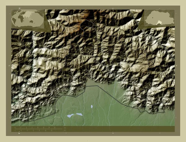 Sarpang Dzielnica Bhutanu Mapa Wzniesień Kolorowa Stylu Wiki Jeziorami Rzekami — Zdjęcie stockowe