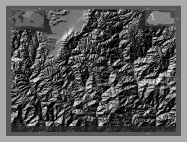 Thimphu Bhután Kerület Kétszintes Domborzati Térkép Tavakkal Folyókkal Saroktérképek Kiegészítő — Stock Fotó