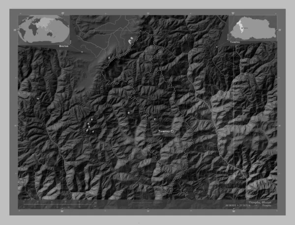 Thimphu Distriktet Bhutan Grayscale Höjdkarta Med Sjöar Och Floder Platser — Stockfoto