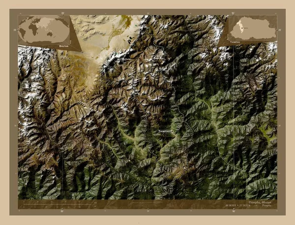 Thimphu Distrito Bután Mapa Satelital Baja Resolución Ubicaciones Nombres Las —  Fotos de Stock