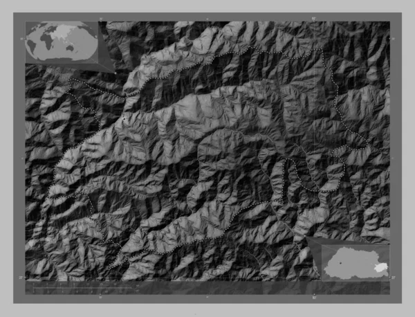 Trashigang District Bhutan Grayscale Elevation Map Lakes Rivers Locations Major — Stock Photo, Image