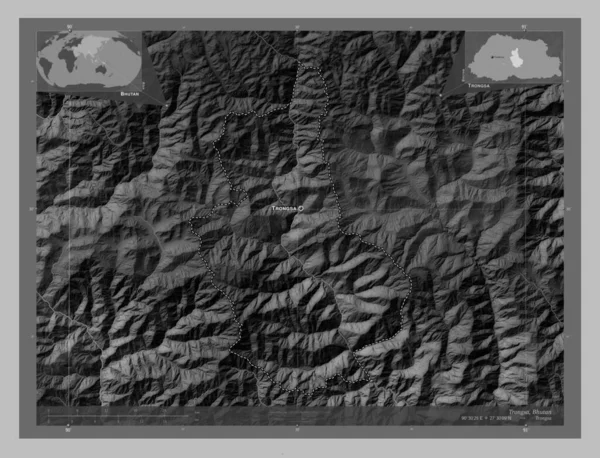 Trongsa Okres Bhútán Výškové Mapy Jezery Řekami Umístění Názvy Velkých — Stock fotografie