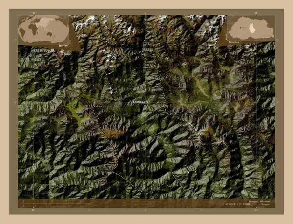ブータンの地方 ロンサ 低解像度衛星地図 地域の主要都市の位置と名前 コーナー補助位置図 — ストック写真