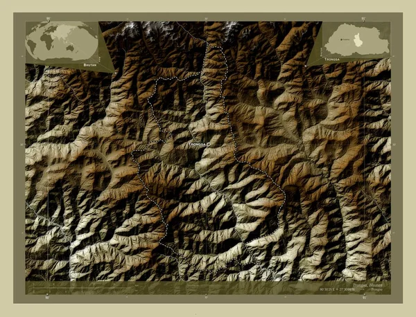 Trongsa 不丹区 用Wiki风格绘制的带有湖泊和河流的高程地图 该区域主要城市的地点和名称 角辅助位置图 — 图库照片