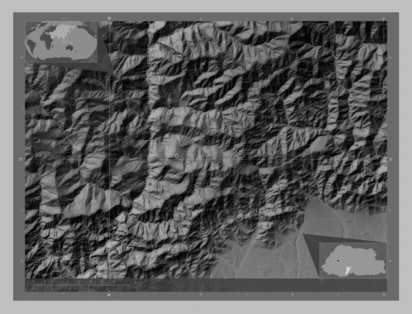 Tsirang District Bhutan Grayscale Elevation Map Lakes Rivers Corner Auxiliary — Stock Photo, Image