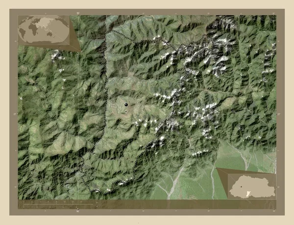 ブータン地方のツィラン 高解像度衛星地図 地域の主要都市の場所 コーナー補助位置図 — ストック写真