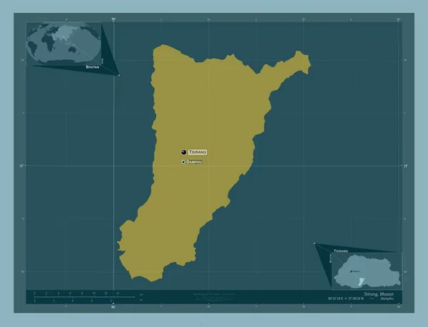 ブータン地方のツィラン しっかりした色の形 地域の主要都市の位置と名前 コーナー補助位置図 — ストック写真