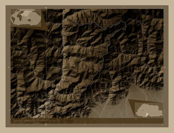 부탄의 시랑이었습니다 세피아 색으로 지도는 호수와 강으로 울려퍼진다 Corner Auxiliary — 스톡 사진
