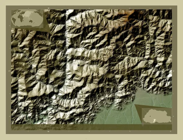 Tsirang 不丹地区 用Wiki风格绘制的带有湖泊和河流的高程地图 该区域主要城市的所在地点 角辅助位置图 — 图库照片