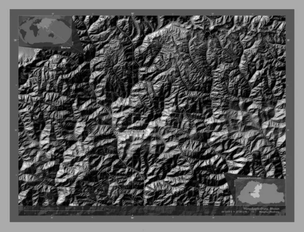 Wangduephodrang District Bhoutan Carte Altitude Bilevel Avec Lacs Rivières Emplacements — Photo