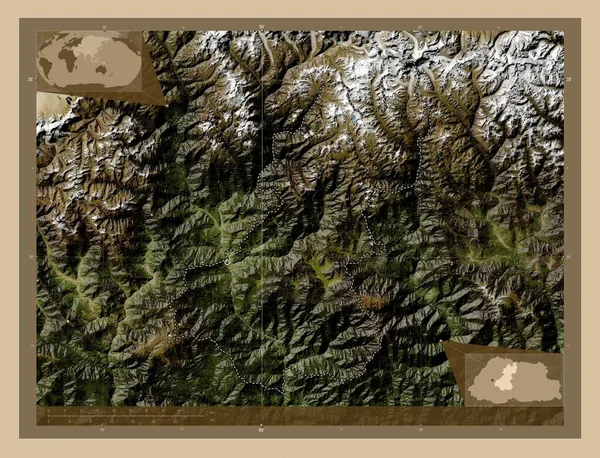 Wangduephodrang 不丹区 低分辨率卫星地图 角辅助位置图 — 图库照片